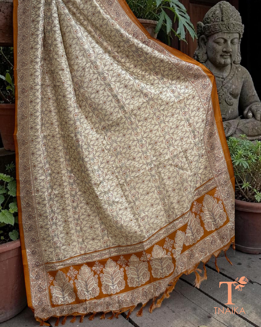 Tribal print dupatta with traditional folk art border and tassels