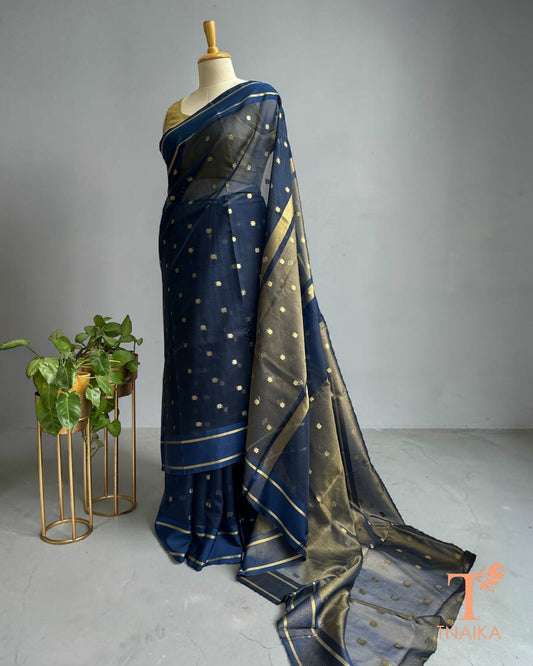 Navy blue Banarasi semi Kora organza saree with zari butti