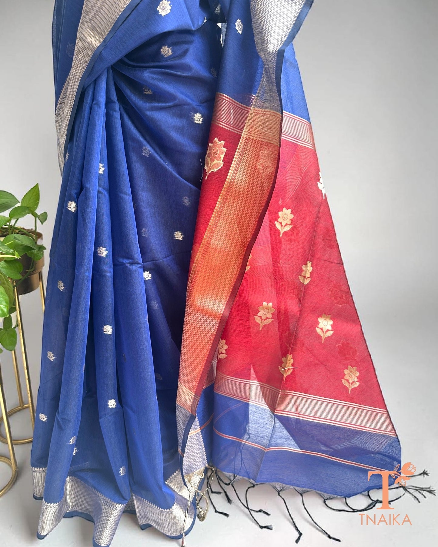 Blue Maheshwari saree with elegant gold zari border