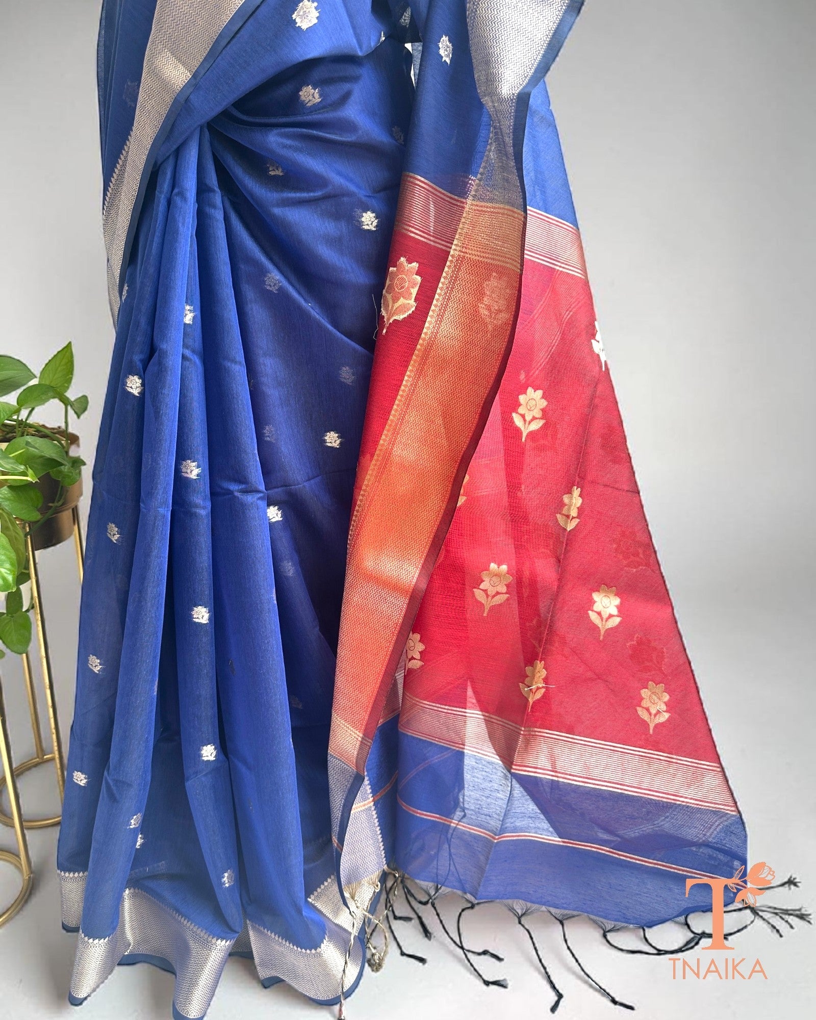 Blue Maheshwari saree with elegant gold zari border