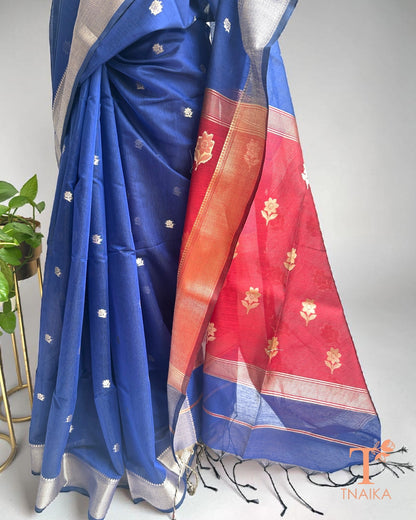Blue Maheshwari saree with elegant gold zari border