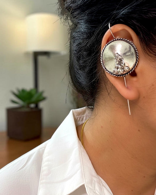 Oxidised ear cuff earrings with ghungroo detailing and statement wrap design.