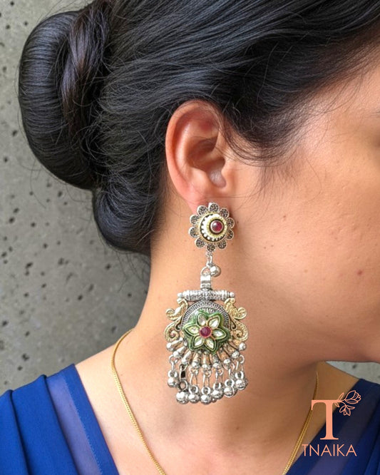 Meena Kundan oxidised silver statement earrings featuring floral studs, colourful meenakari detailing, kundan flower motifs and ghungroo danglers.