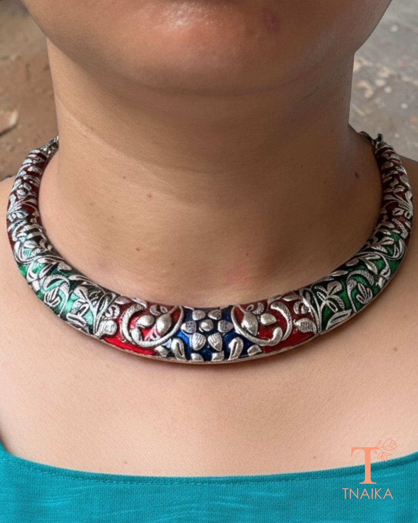 Handcrafted oxidised choker set with colorful enamel detailing and earrings.