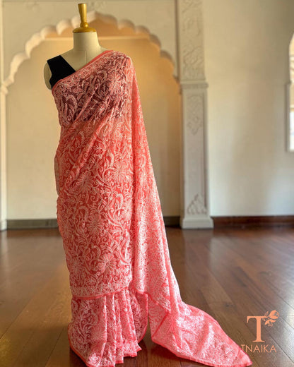 Full jaal Chikankari hand embroidered saree in coral pink