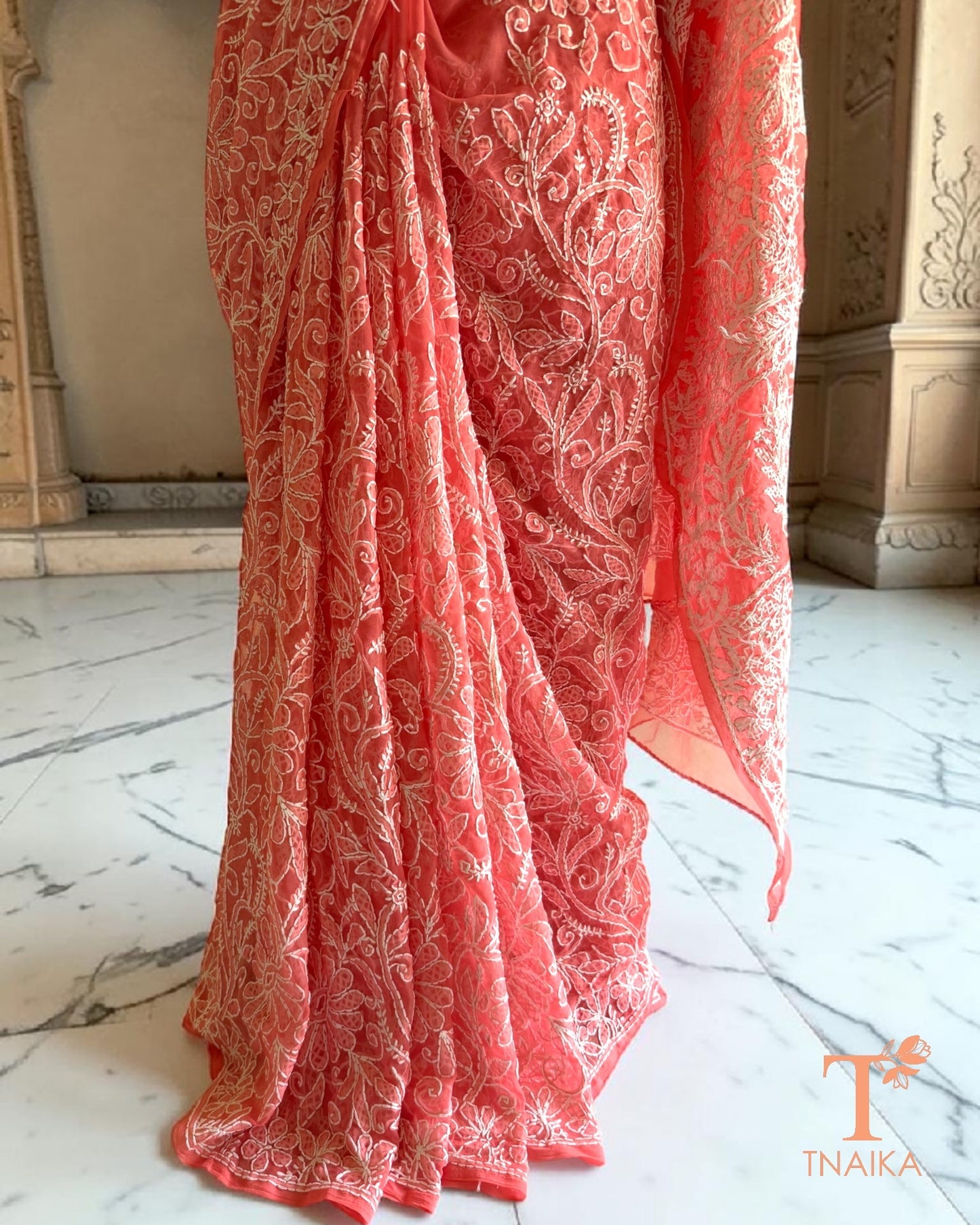 Premium Lucknowi Chikankari saree with dense embroidery
