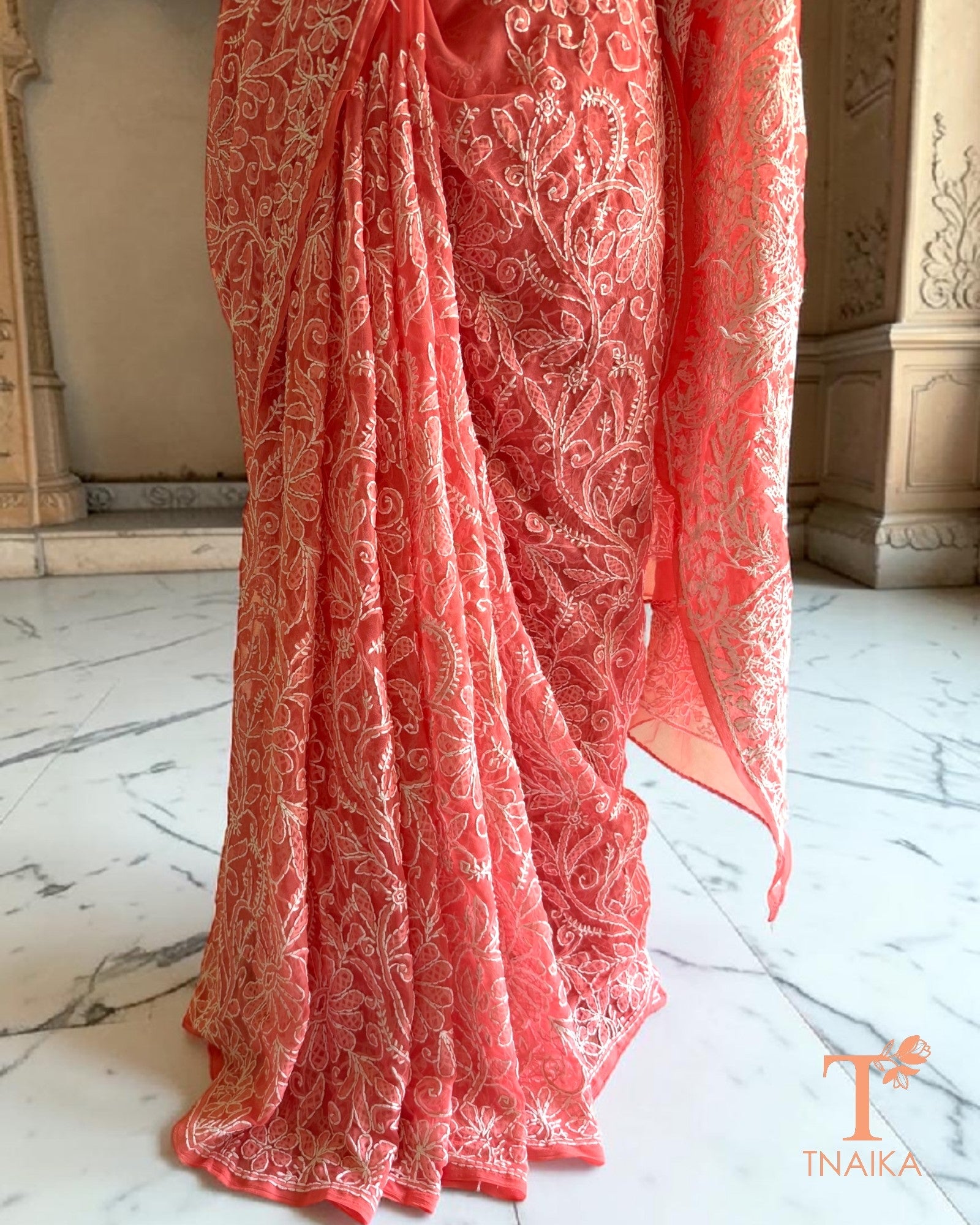 Premium Lucknowi Chikankari saree with dense embroidery