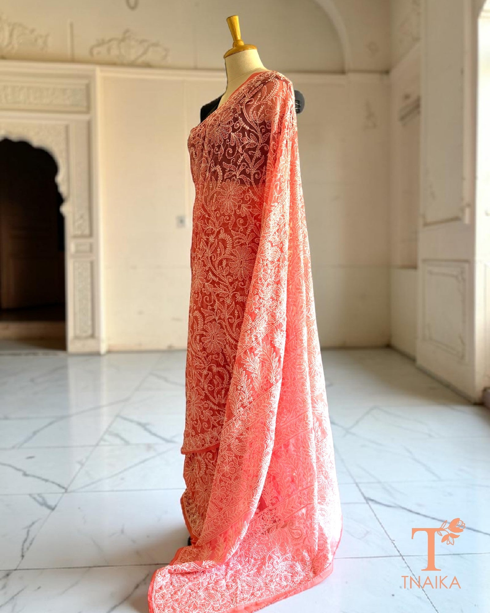 Artisanal hand embroidered saree with full jaal design