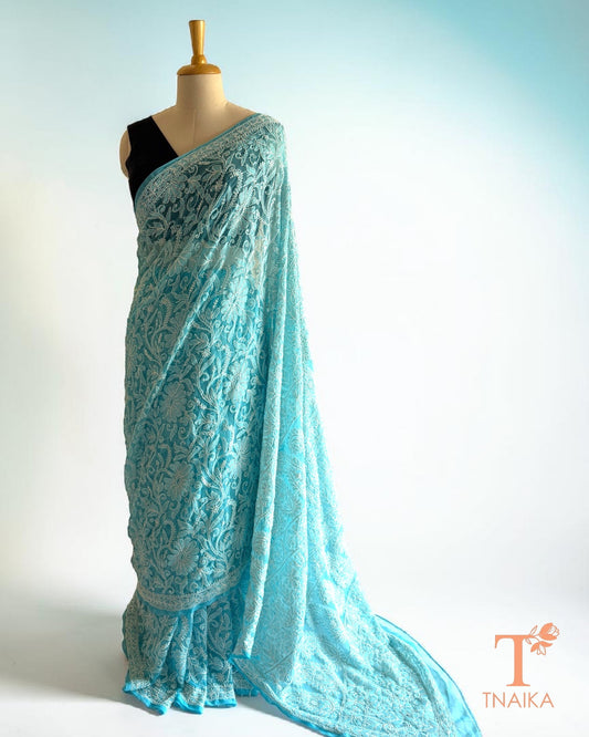 Sky blue full jaal Chikankari hand embroidered saree