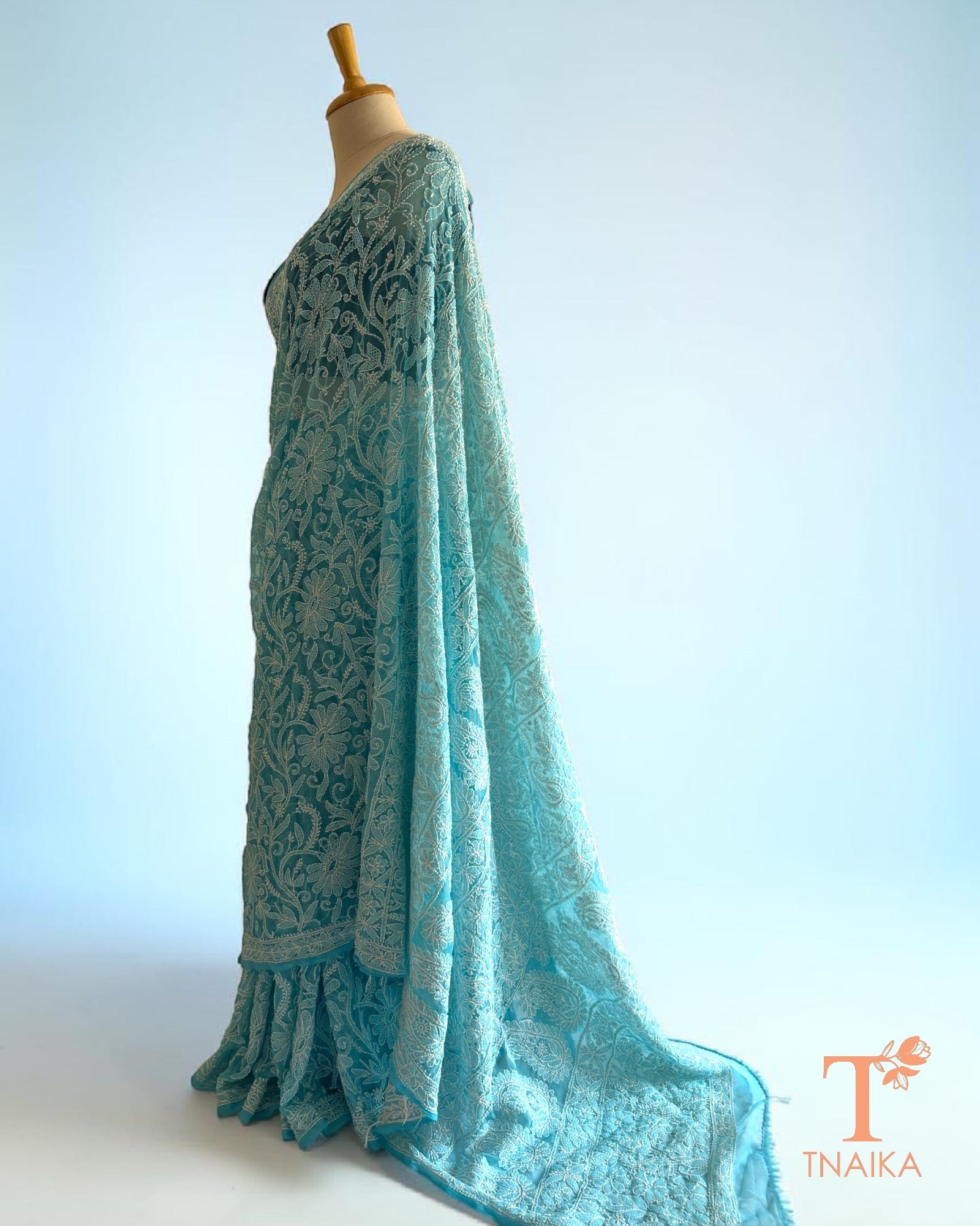 Handcrafted Chikankari saree featuring all-over floral jaal work