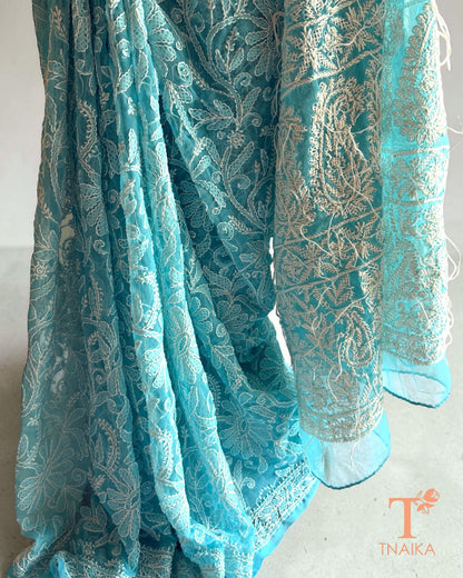 Powder blue saree with traditional Chikankari hand embroidery