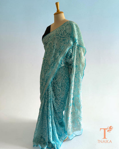 Full jaal embroidered Chikankari saree in turquoise blue