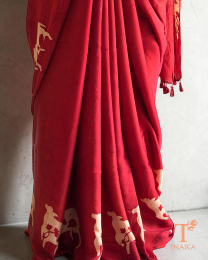 Maroon Ajrakh saree with hand block printing