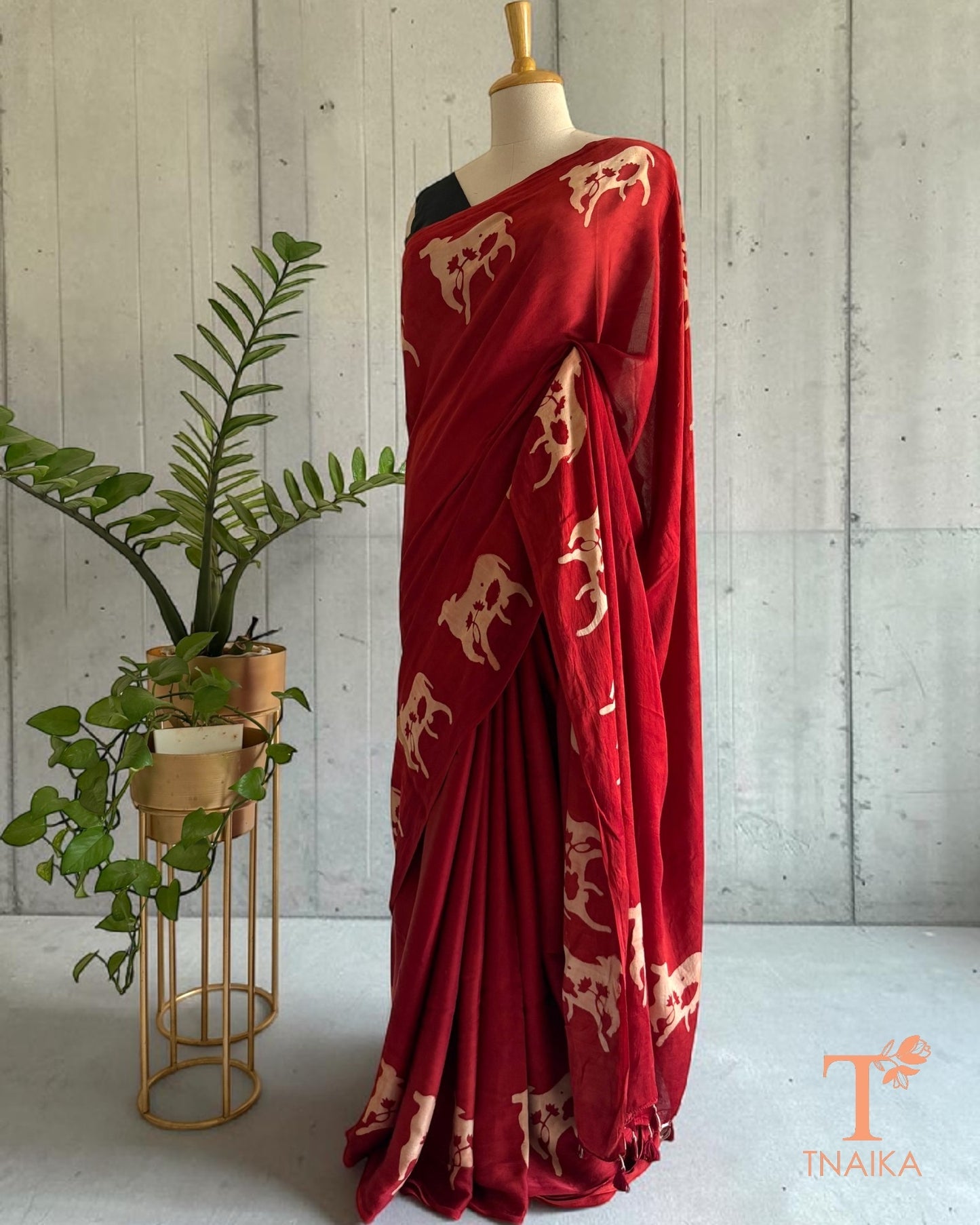 Hand block printed Ajrakh saree in maroon red