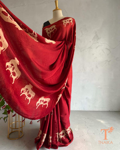 Gau Raga Ajrakh modal silk saree with cow motifs