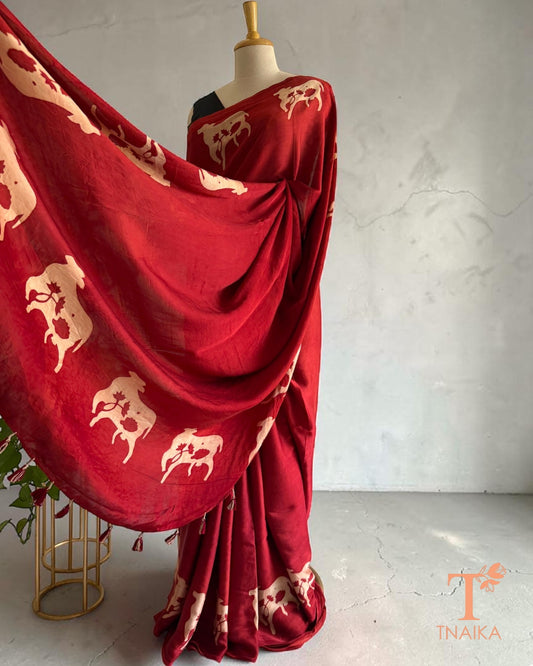 Gau Raga Ajrakh modal silk saree with cow motifs