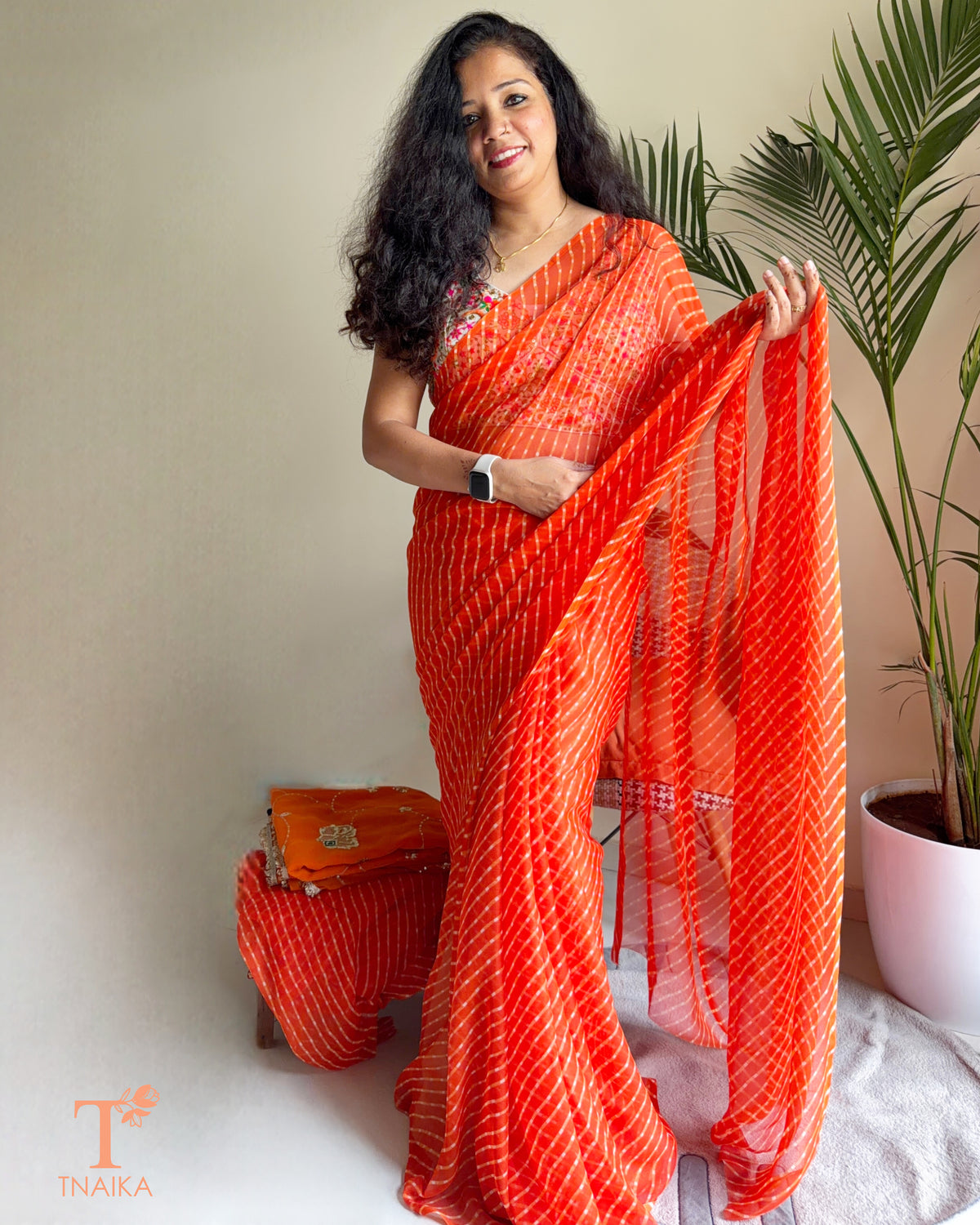 Chiffon Leheriya Wave Saree - Orange