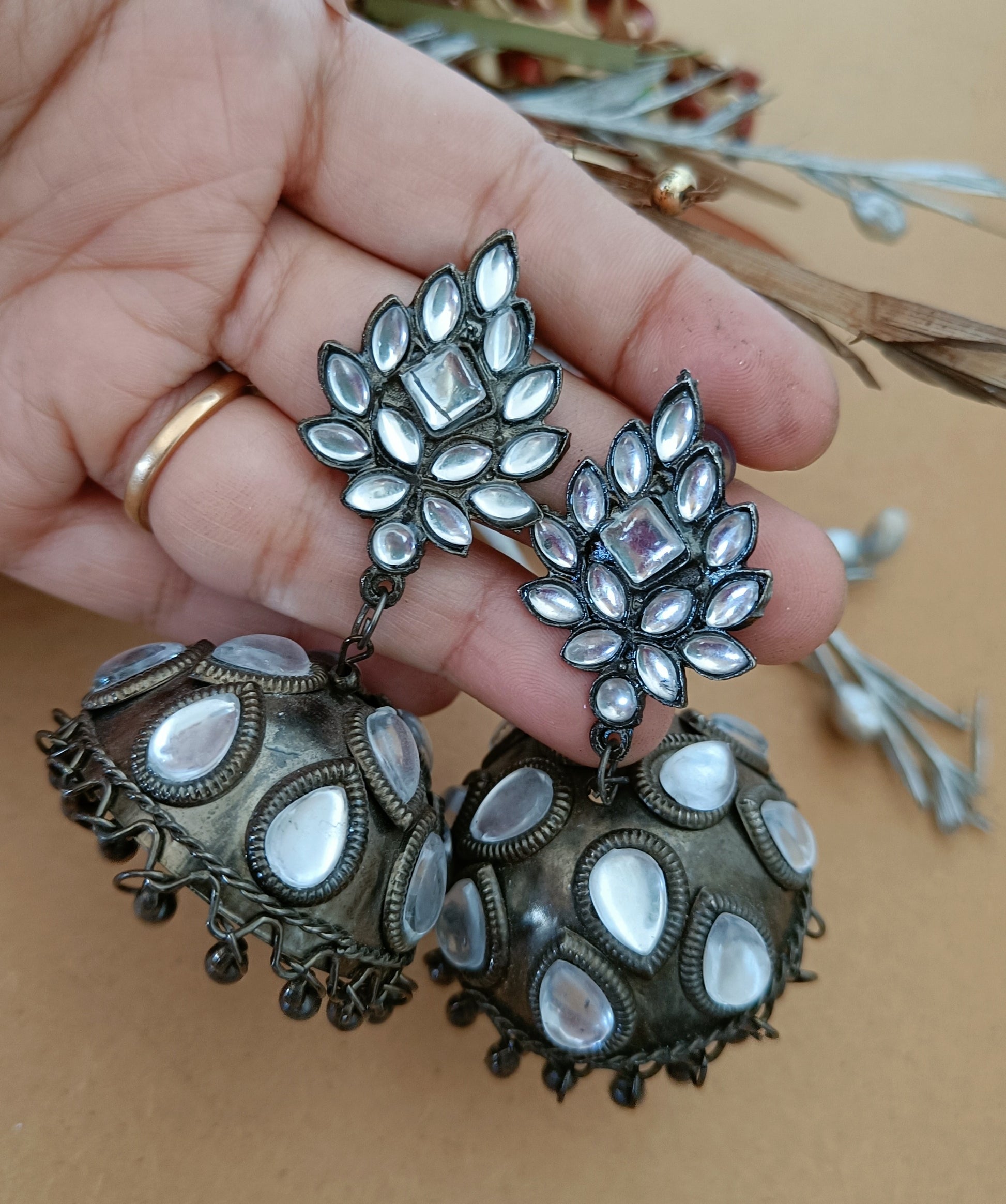 Vintage Style Oxidized Jhumka Earrings: Mirror Work Blackened