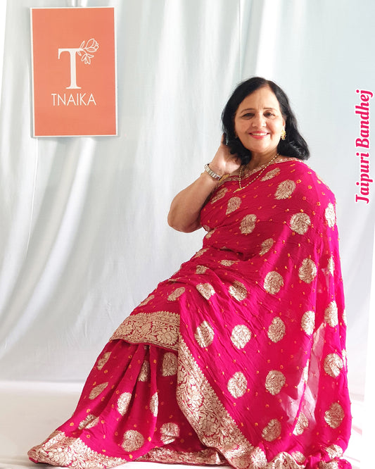 jaipuri bandhej saree buy jaipuri bandhej saree online jaipuri tie and dye saree cotton jaipuri bandhej saree silk jaipuri bandhej saree rajasthani bandhej saree bandhej saree jaipur lehriya jaipuri bandhej saree floral print jaipuri bandhej saree  magenta bandhani saree pink bandhani saree bandhej saree silk saree with big butta