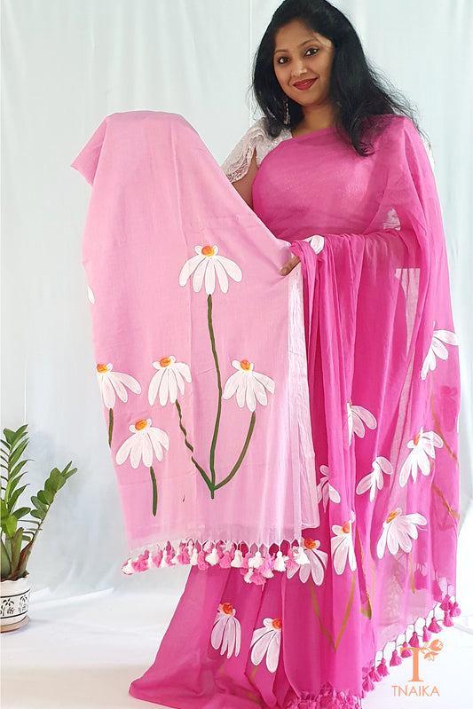 Cotton Hand Painted Floral Saree - Baby Pink