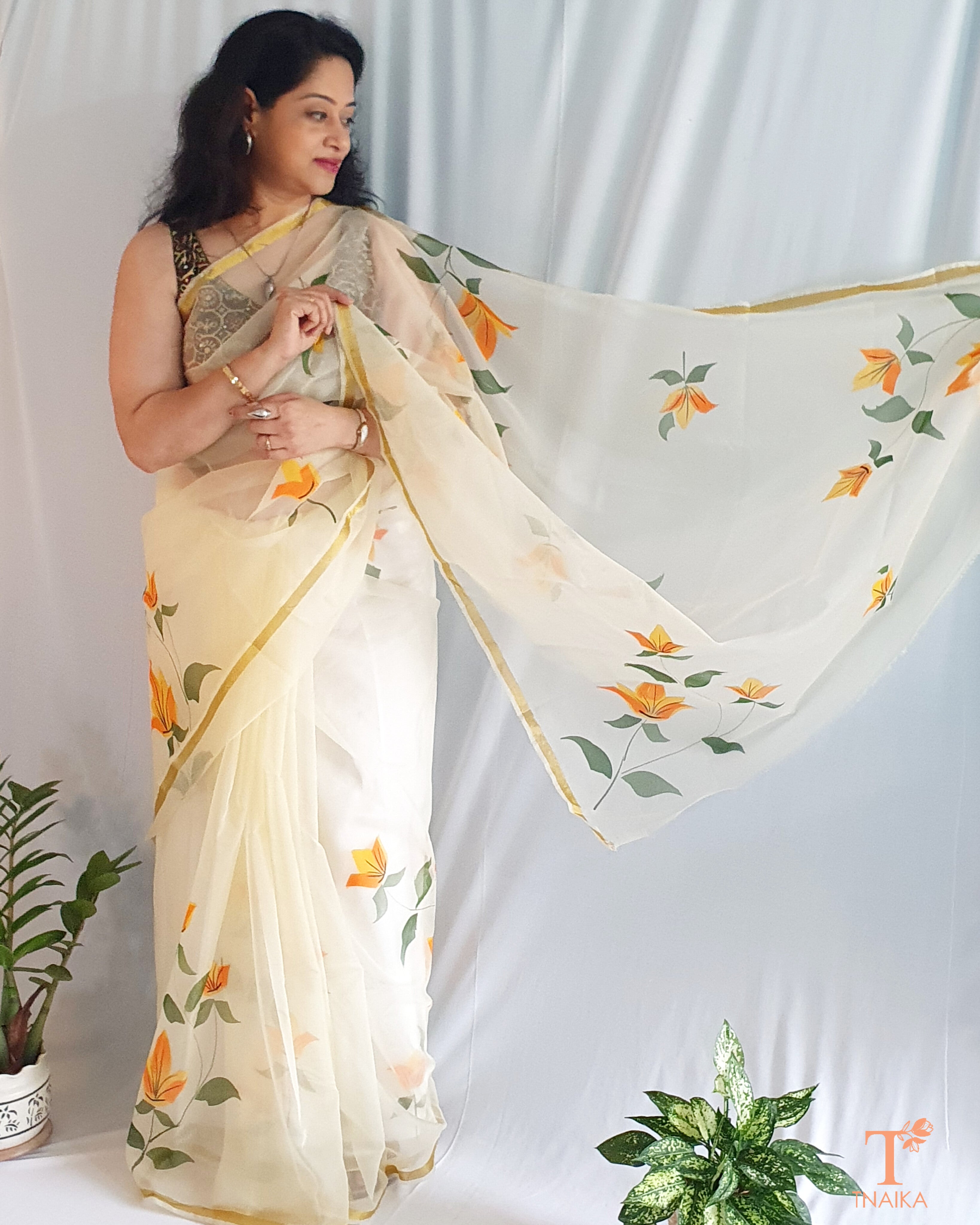 Hand store Painted Organza Saree For Women