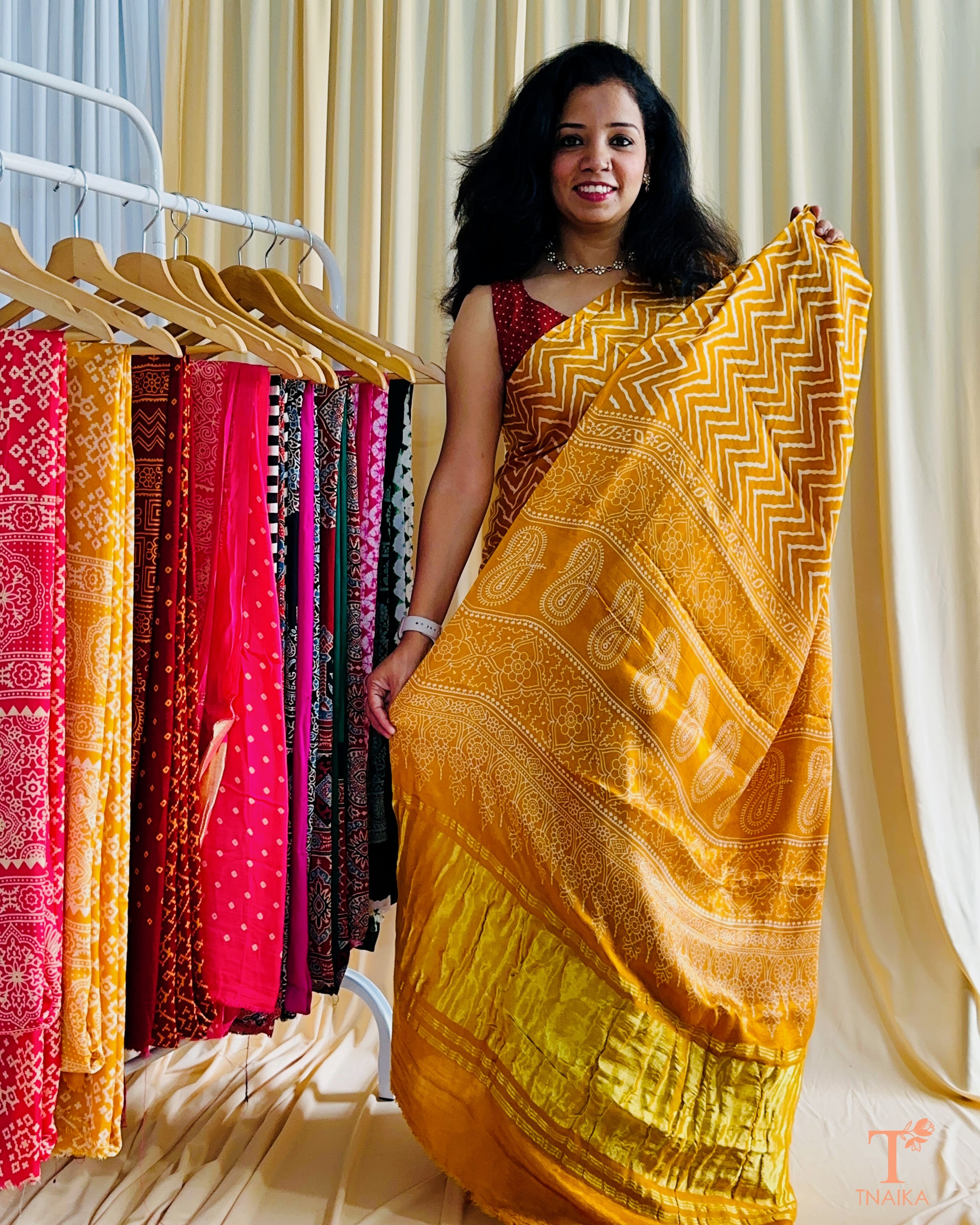 Modal Silk Ajrakh Leher Saree - Yellow