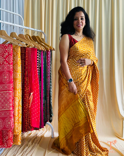 Modal Silk Ajrakh Leher Saree - Yellow