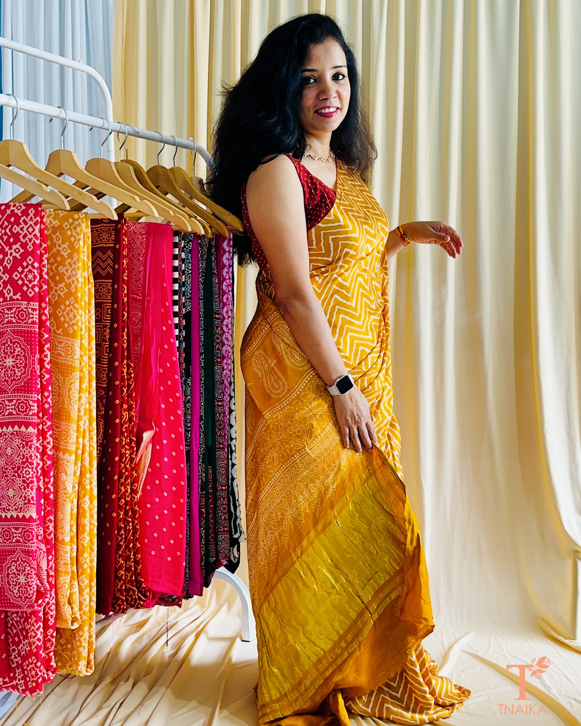 Modal Silk Ajrakh Leher Saree - Yellow