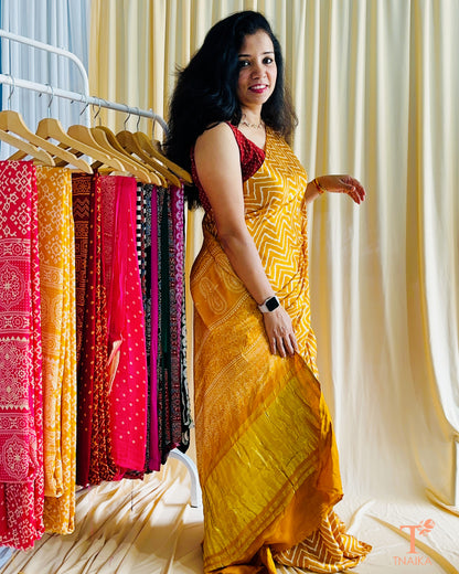 Modal Silk Ajrakh Leher Saree - Yellow
