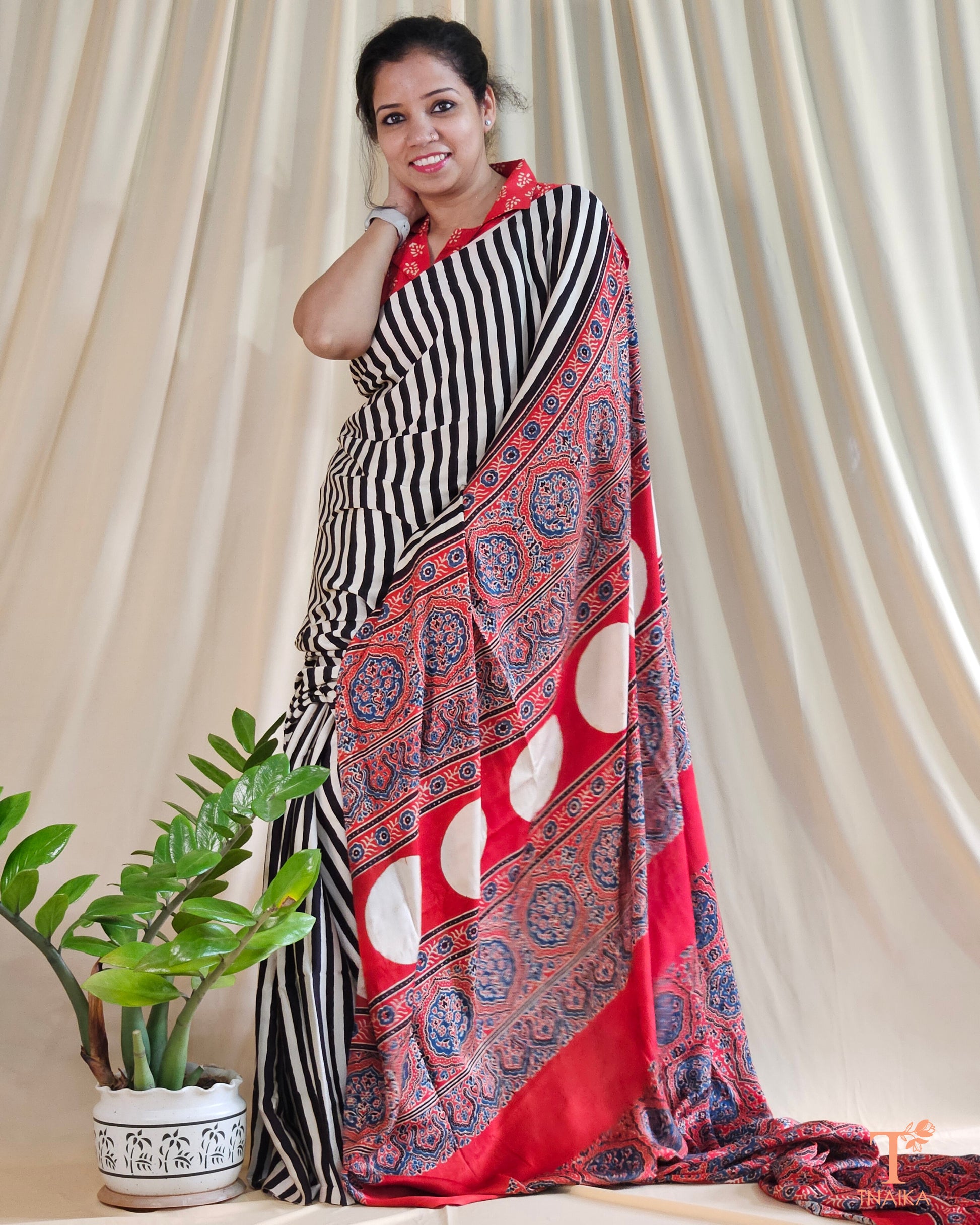 Ajrakh Aura Striped Modal Silk Saree
