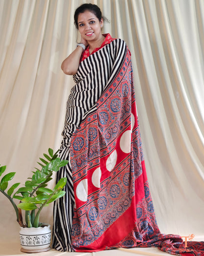 Ajrakh Aura Striped Modal Silk Saree