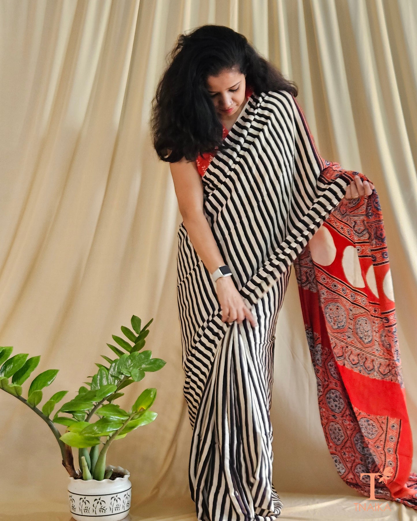 Ajrakh Aura Striped Modal Silk Saree