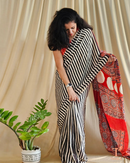 Ajrakh Aura Striped Modal Silk Saree
