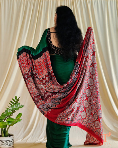 Modal Ajrakh Handblocked Kaashi Saree - Green