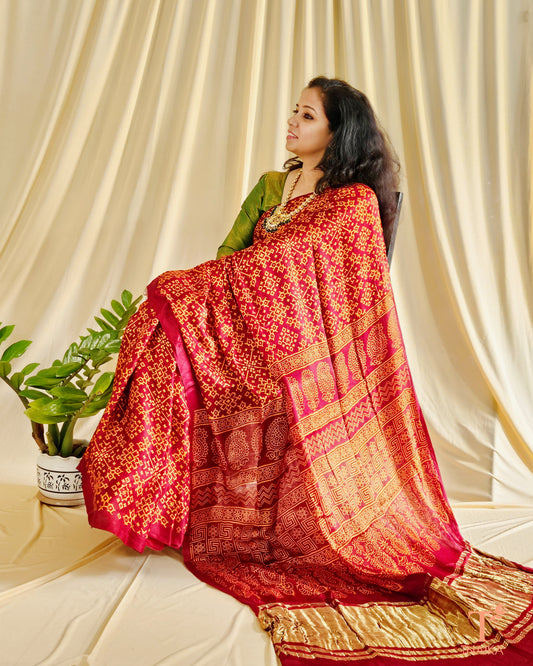 Modal Silk Rang Patta Patola Saree - Brick Red