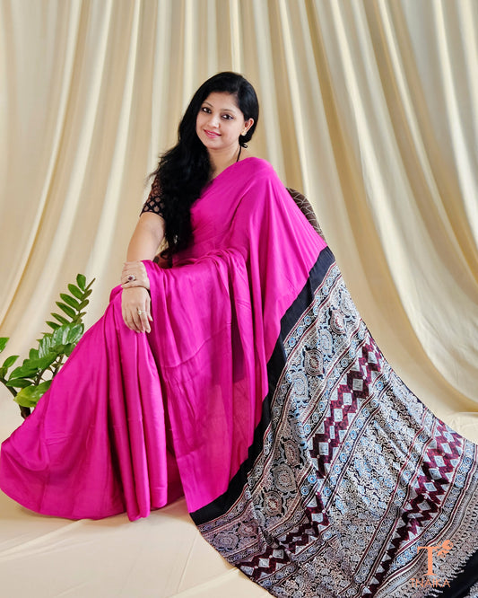 Modal Ajrakh Handblocked Kaashi Saree - Rani Pink