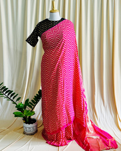 Modal Silk Ajrakh Leher Saree - Rani Pink