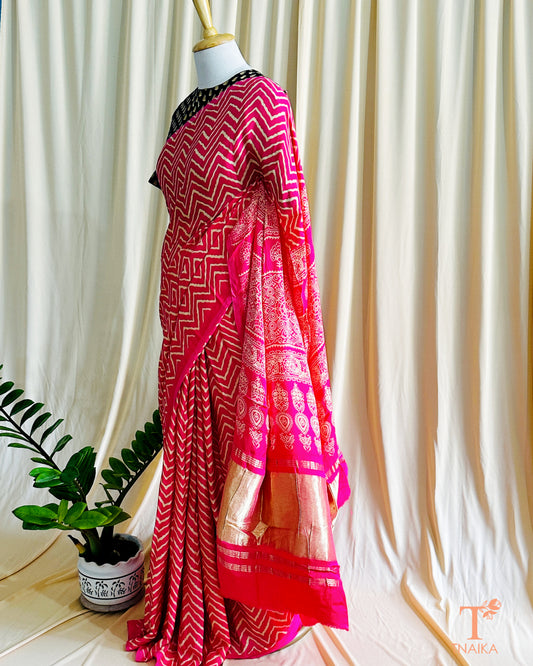 Modal Silk Ajrakh Leher Saree - Rani Pink