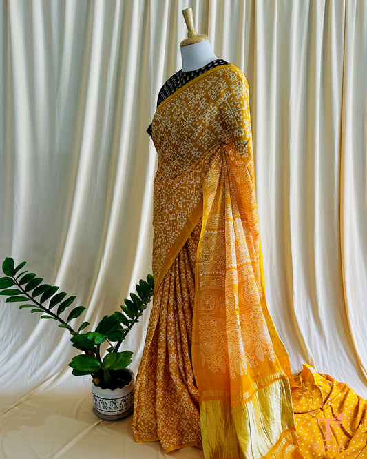 Modal Silk Rang Patta Patola Saree - Yellow
