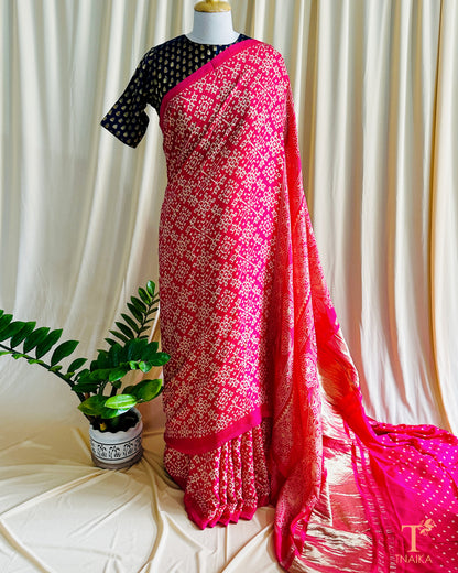 Modal Silk Rang Patta Patola Saree - Rani Pink