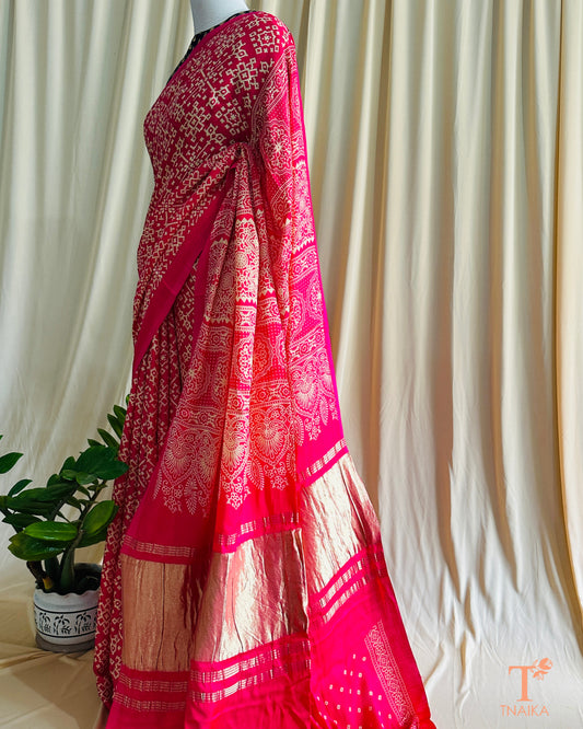 Modal Silk Rang Patta Patola Saree - Rani Pink