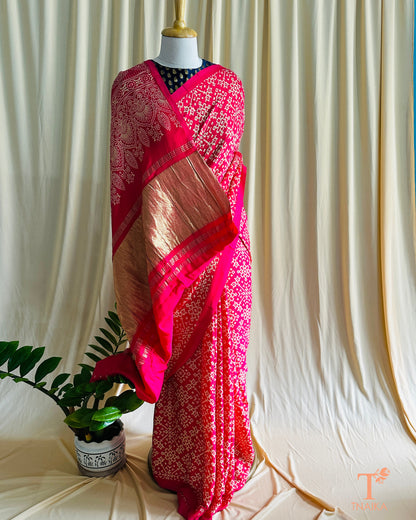 Modal Silk Rang Patta Patola Saree - Rani Pink