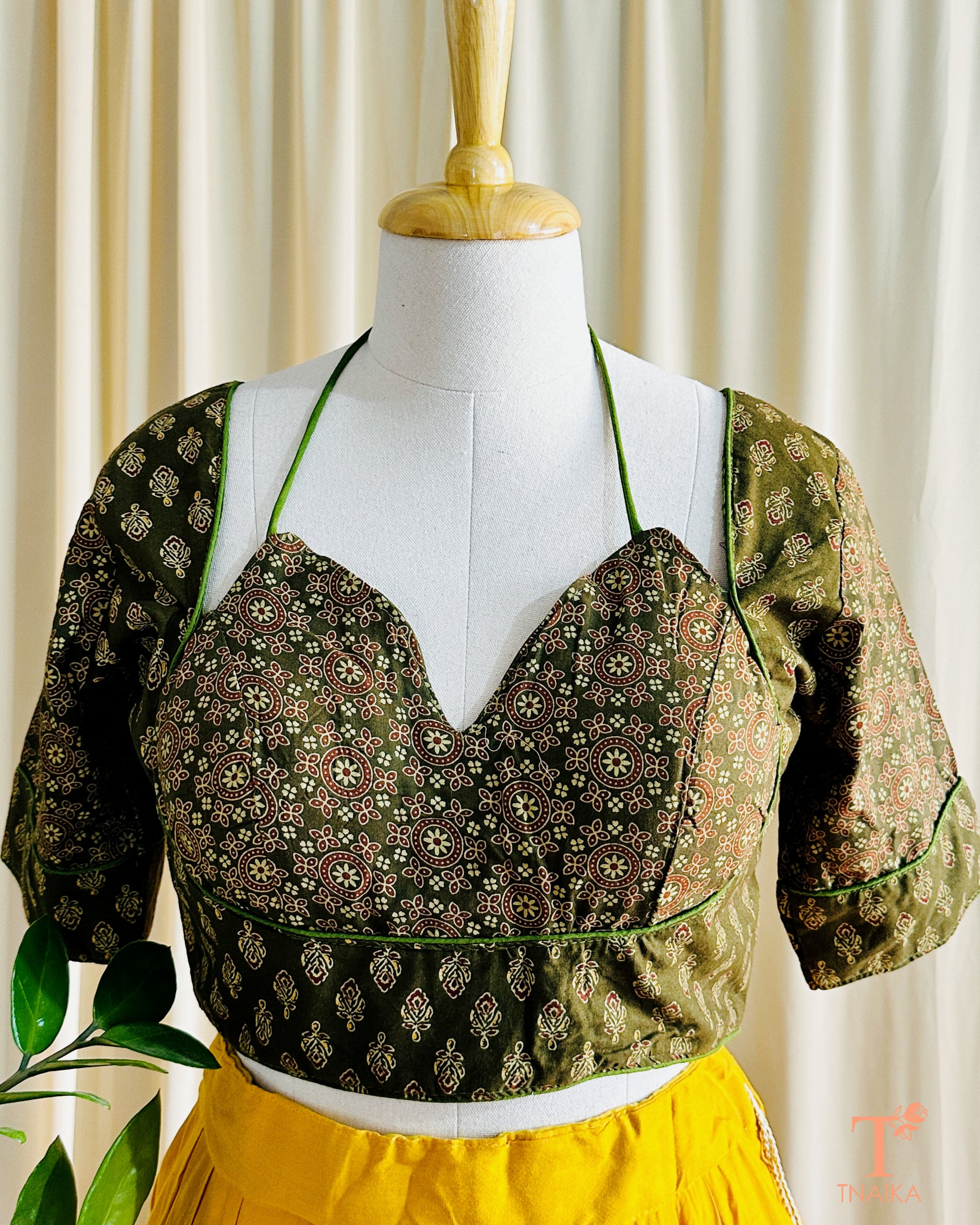 Ajrakh cotton designer blouse with double dori back tie-up and handblock print