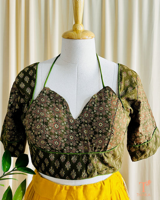 Ajrakh cotton designer blouse with double dori back tie-up and handblock print