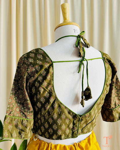 Ethnic Ajrakh print cotton blouse with intricate handblock design and back tie-up