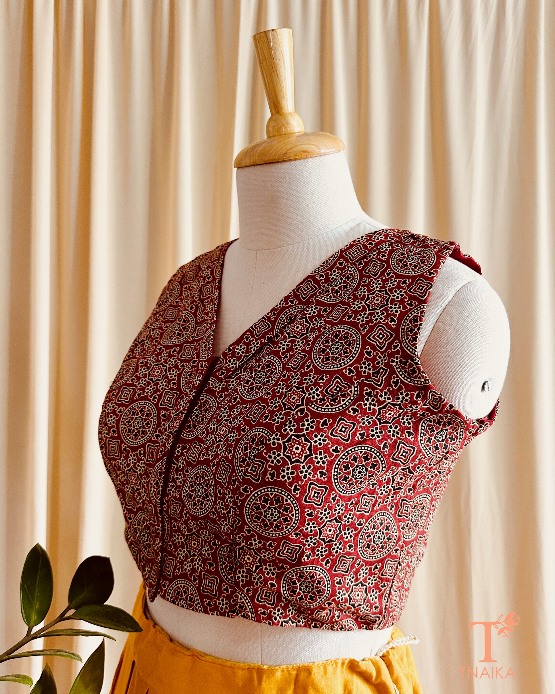 Artisanal cotton blouse featuring authentic Ajrakh handblock design