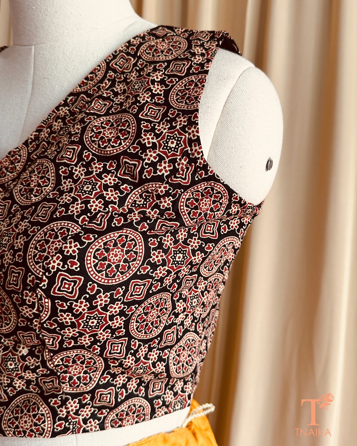 Artisanal cotton blouse featuring authentic Ajrakh handblock design