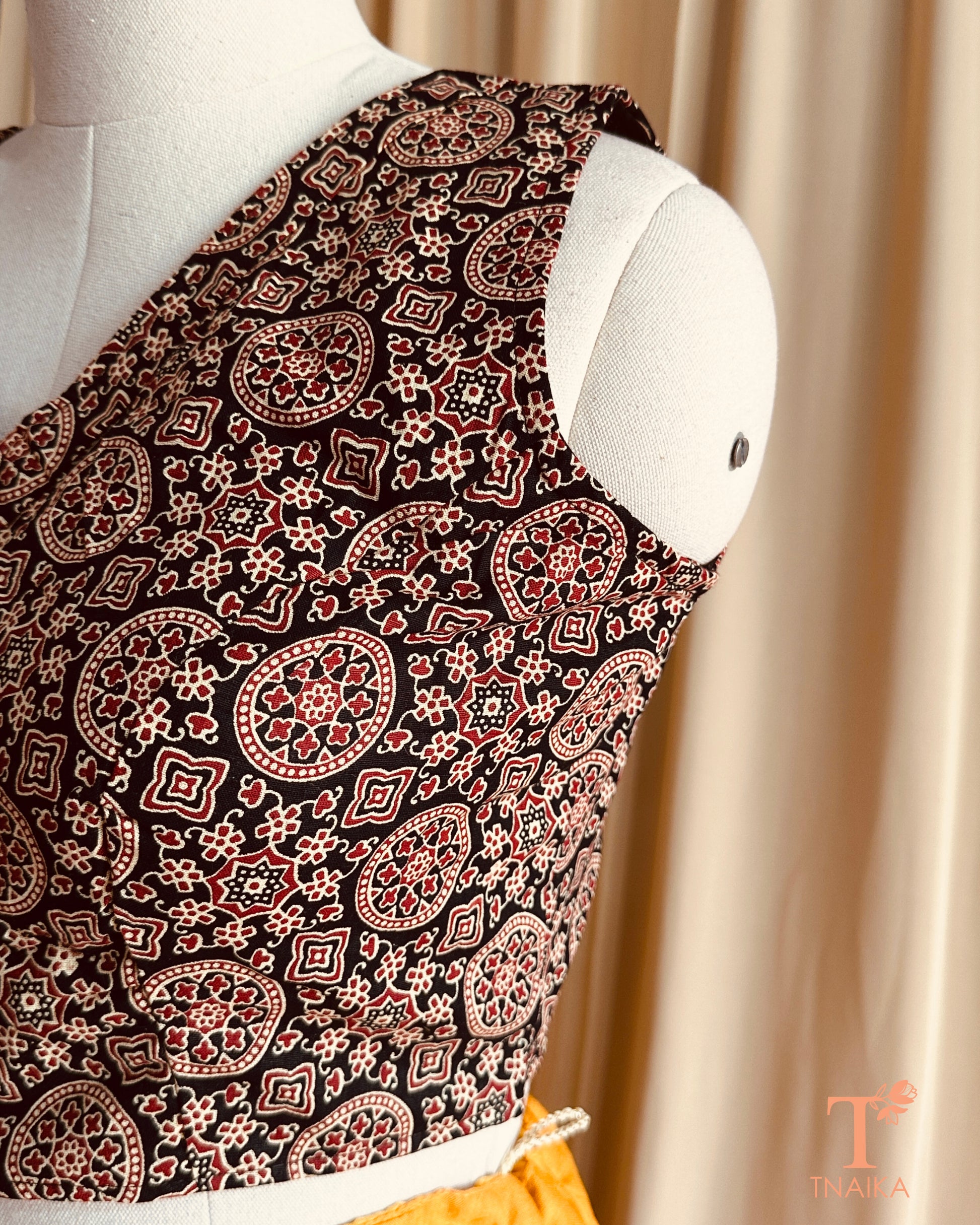 Artisanal cotton blouse featuring authentic Ajrakh handblock design