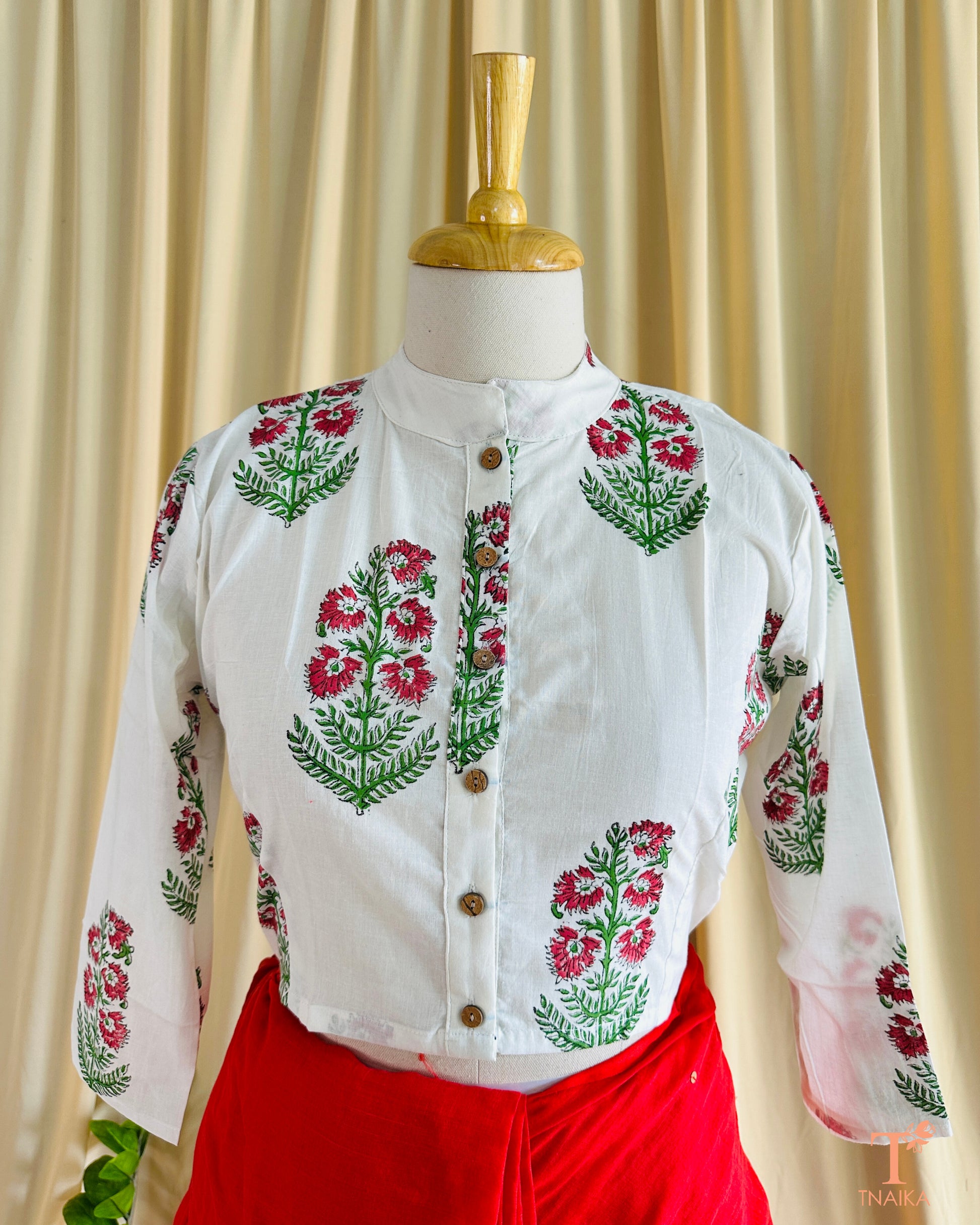 Handblocked cotton blouse with Nehru collar and intricate block prints