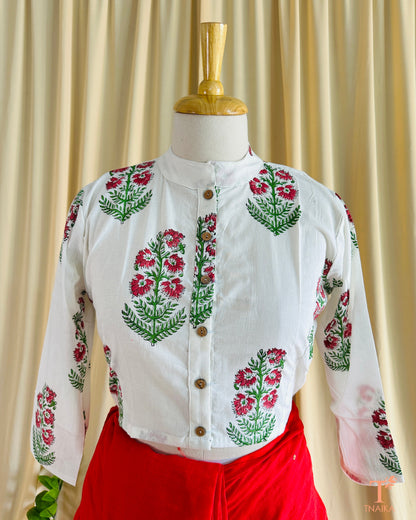 Handblocked cotton blouse with Nehru collar and intricate block prints